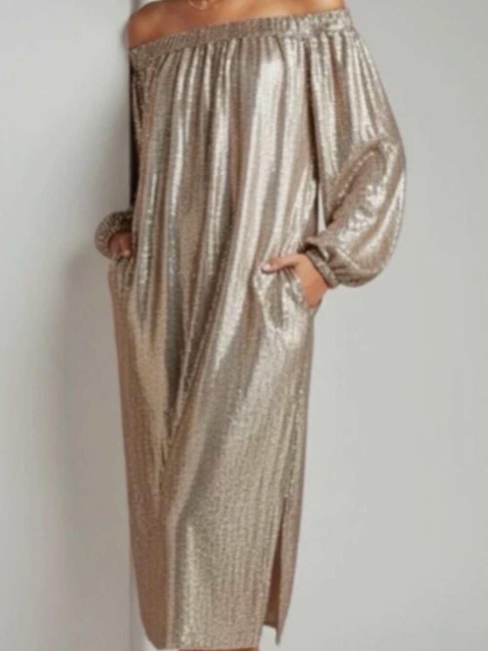 Mare Mare Calliope Champagne Sequined Midi Dress Off-Shoulder Midi Size Small